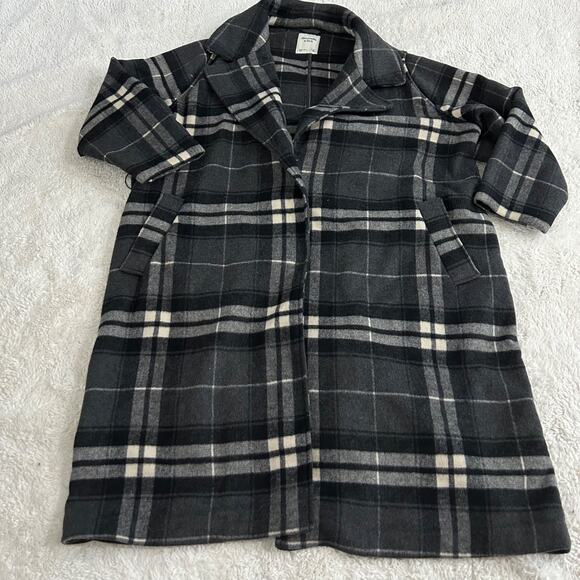 Abercrombie Fitch Sz XL Wool Wrap Grey Plaid Belted Winter Coat Missing Belt** - Picture 1 of 5